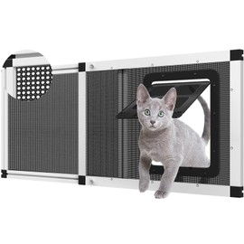 Adjustable Ventilated Pet Door for Window 31.7"-39.3" Wide, White Aluminum Frame + Stainless Steel Mesh | Breathable Bug-Proof | 4-Way Lock Magnetic Closure Cat Window Door,Cat Door for Window Insert