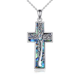 YAFEINI Cross Necklace S925 Sterling Silver Abalone Shell Tree of Life / Filigree Pendant Necklace Cross Jewellery for Women Girls Mum, Sterling Silver, Cubic Zirconia