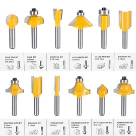 HPMAISON Router Bit Set, 12 PCS 6.35mm 1/4 Inch Shank Tungsten Carbide Tipped Router Bit Set with Hex Wrench