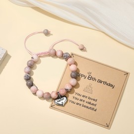 Happy 8-Year-Old Birthday Charm Bracelet for Daughter Granddaughter Niece Cousin, 8th Bday Bracelet Jewelry w/ Sentimental Message Card for Age 8 yr Old, Pink Beads Braided Rope Bracelet 6.3"-8.6" Adjustable