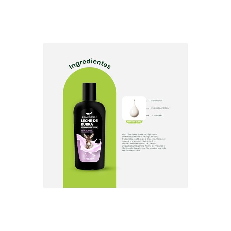 Shanatural's Jabón Líquido Facial Leche de Burra, Hidratación Intensa, Limpieza