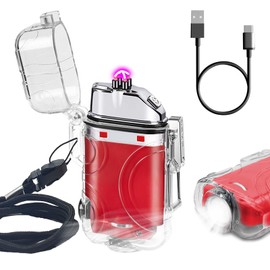 SKRFIRE Encendedor eléctrico de plasma de arco recargable por USB, resistente al viento, encendedor frío, impermeable, con linterna LED y silbato para camping, viajes, exploración, supervivencia (rojo transparente)