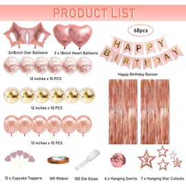 Sythrix Rose Gold Birthday Decorations for Women 68 Pcs Party Decorations, Happy Birthday Banner, Confetti Balloons, Fringe Curtain, Heart Star Foil Balloons, Hanging Swirls for Birthday Party