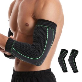 FITWELL Men's Elbow Compression Sleeves for Weightlifting & Body Building (2 Pack), Medical-Grade Injury Prevention and Elbow Support, Prevent & Heal Elbow Joint Tendonitis & Inflammation, Professional Gym Sleeves (Green, Medium)