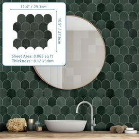 SUNWINGS Fish Scale Peel and Stick Backsplash Tile 11.4''x10.9 3D Scallop Handmade Looks Self Adhesive Wall Tiles for Kitchen Bathroom, Green 10-Sheet