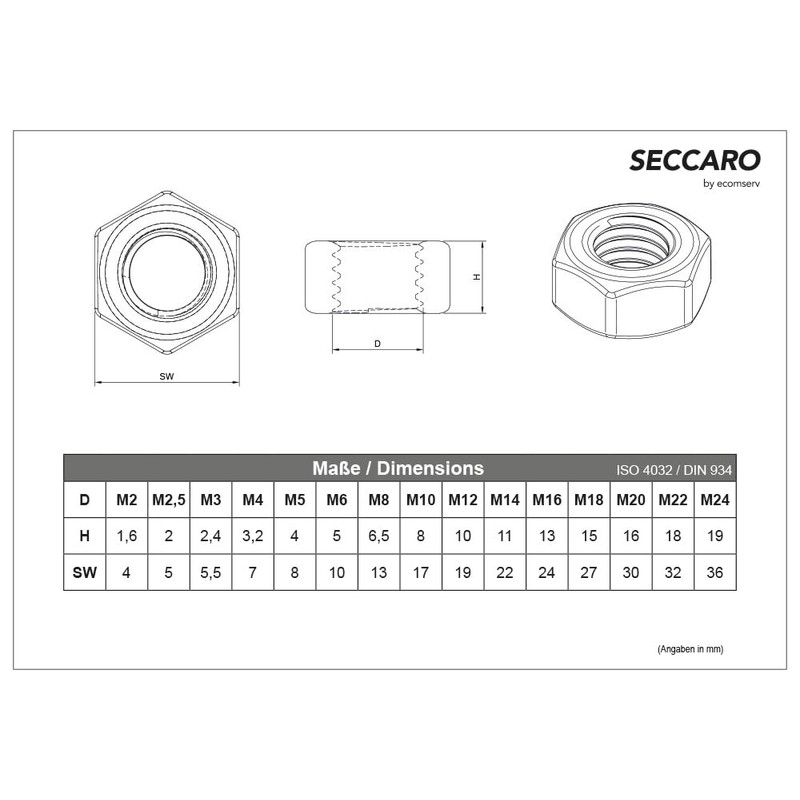 SECCARO nut M10, stainless steel V2A VA A2, DIN 934/ISO