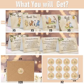 20PCS Classic the Pooh Thank You Cards Baby Shower Decorations for Girls and Boys Vintage Winnie Baby Shower Supplies Pooh Party Supplies for Baby Shower 6x4 Inch with Kraft Envelopes and Stickers
