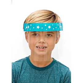 INTEGRITY UNITED | Kids' PET Reusable Clear Protective Safety FaceShields Designs for Boys & Girls, Lightweight High Transparency Wrap-Around Splash Cover Anti-Fog Visor Headband (120, Blue Star)