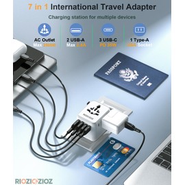 Universal Travel Adapter, RIOZIOZIOZ GaN III Worldwide Portable Adaptor with 35W PD Fast Charging, 7 Ports(2AC Socket&3USB-C&2USB-A), European Travel Essentials for EU/US/UK/AU/JP Power Plug