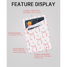 AWHSCP Cute Pink Bow Phone Wallet, Dual Pocket Credit Card Sticky Wallet, Compatible with Most Cell Phones, Adults, Unisex, Faux Leather, Phone Accessory, Compact
