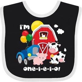 inktastic ONE-I-E-I-O 1st Birthday Baby Bib Black and White 34a09