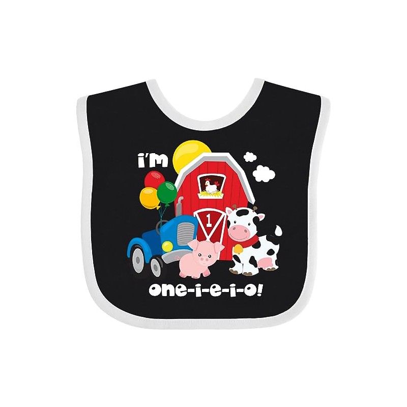 inktastic ONE-I-E-I-O 1st Birthday Baby Bib Black and White 34a09