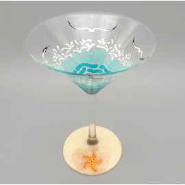 Tropical Beach Martini Cocktail Glass - Hand Painted - Starfish, Sea Shell, Waves, Seagulls, Sea Turtle, Sand,Summer