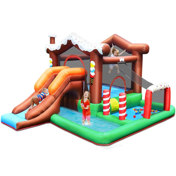 HONEY JOY Inflatable Water Slide, 6 in 1 Toddler Giant Blow Up Bouncy Water Park w/Crawl Tunnel, Outdoor Water Bounce House Water Slides Inflatables for Kids and Adults Backyard(Without Blower)
