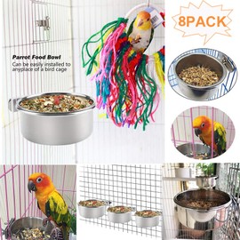 kathson 8 Pack Bird Feeding Dish Cups, Stainless Steel Parrot Feeders Water Cage Bowls with Clamp Holder Bird Feeders for Parakeet Cockatiels Conure Budgies Lovebird Finch and Small Animals
