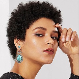MALOYANVE Long Vintage Bohemian Hoop Earrings for Women Unique Retro Ethnic Round Simulated Turquoise Dangling Drop Alloy Statement Earrings Jewelry for Birthday/Party/Christmas Gifts (Waterdrop Turquoise)