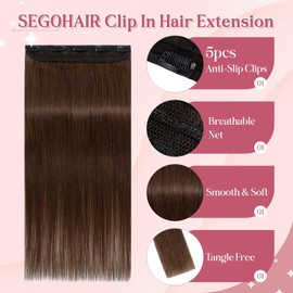 SEGOHAIR Clip In Hair Extensions for women One Piece 5 Clips Real Human Remy Hair Extension Long Straight Hairpieces for women 8 Inches #04 Medium Brown