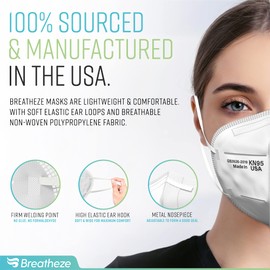Breatheze KN95 Face Mask Made in USA Disposable Masks Breathable Face Mask Kn95 Mask White Facemask High-Filtration Protective Barrier Face Covering Elastic Ear Loops Adjustable Nose Clip 10 pack.