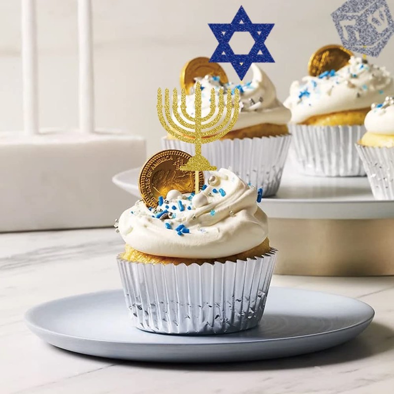 24Pcs Hanukkah Cupcake Toppers, Candlestick Hexagram Decorations for Hanukkah Party