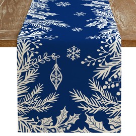 ARKENY Christmas Leaf Floral Table Runner 13x72 Inches, Blue Winter Holiday Indoor Outdoor Table Decoration for Home
