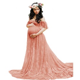 Sicily Women's Lace Off-Shoulder Long Maternity Dress Plus Photography (XL, Pink Carnation)