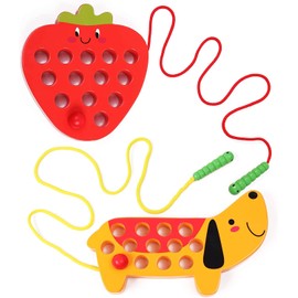 AISHUN Wooden Lacing Threading Toys Fine Motor Skill Toys for 3 Year Old Educational and Learning Montessori Toddler Travel Toy 1 Strawberry and 1 Dog