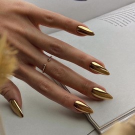 Chrome Gold Press on Nails Medium Almond, KQueenest Mirror Metal Stiletto Fake Acrylic Nails with Bling Design, Cute Medium Glue on Nails for Party Wear, False Nails Press ons in24 Pcs