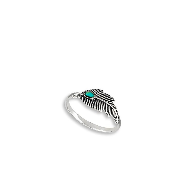 Simulated Turquoise Oxidized Feather Ring .925 Sterling Silver Tree Leaf