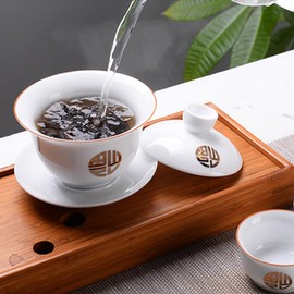 Woonsoon Jingdezhen Chinese Porcelain Gaiwan Handmade 7oz/200ml Kungfu Teacup White Glazed Tureen Chinese Sancai Cover Bowl Lip Cup Saucer Set Traditional Teaware Tea Set (Blessing)