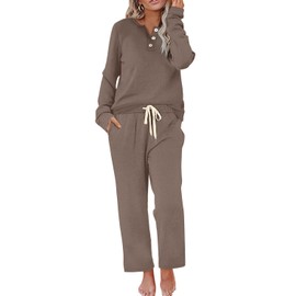 WIHOLL Lounge Sets for Women 2 Piece Outfits Chocolate Brown Fall Clothes Sweatsuits Button Down School Outfits for Teachers Casual Lounge Wear Pajamas Two Piece Matching Sets Winter Clothing M