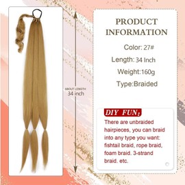 Braided Ponytail Extension 34Inch hair extensions ponytail with Hair Tie Straight Wrap Around Braiding Hair Ponytail Extension Natural Soft Synthetic Hairpieces for Women Daily Wear（4#）