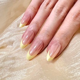 24 PCS Yellow French Tip Press On Nails Pink Chrome Nails Mirror Metal Chrome Nails Soft Gel Fake Nail