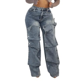 Voghtic Womens y2k Detachable Patchwork Irregular Boyfriend Cargo Jeans High Waisted Straight Leg Denim Pants Streetwear Blue