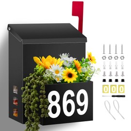 Wall-Mount Mailbox with Flag, Mailboxes for Outside House with Planter & 3 Sets of 0-9 Mailbox Number Stickers & 2Nylon Zip Ties & View Window, Galvanized Steel Rust-Proof Post Box Metal Mail Box