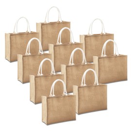 YACEYACE Jute Travel Bags with Handles Bulk, Set of 10 Burlap Tote Bags Large Size 16.5" x 7" x 13", Reusable Bag for Shopping, Beach, Bridesmaid