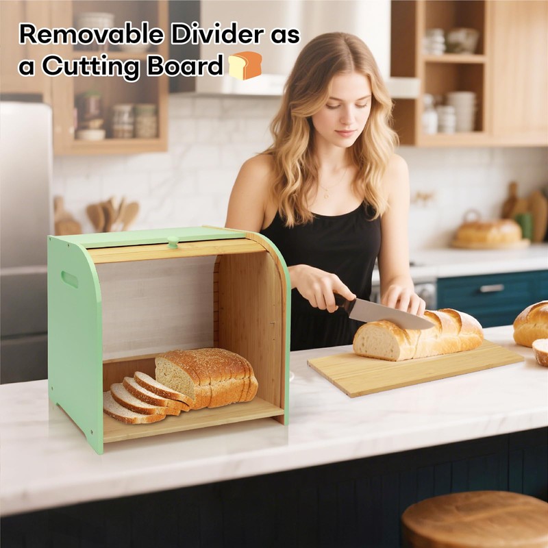 Thalomely Bread Box for Kitchen Countertop, Double Layer Bamboo Bread