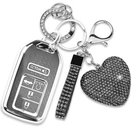 Simocky Key Fob Cover with Diamond Keychain, Car Key Shell for Women, Compatible with Honda Accord Civic CRV Pilot Ridgeline Passport 2016-2022 Key Protector (5 Buttons-Black Heart)