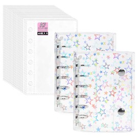 GuoAiDi Sticker Notebook, Hologram Star Pattern, Girls, A7 Size, 6 Holes, Clear Binder, Removable, Mini Binder, Clear, Card Pocket, Notebook, Small Organization, Pushing Goods (A7 Binder (40 Sheets