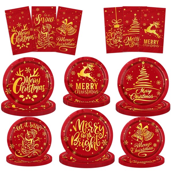 Lenyunge Christmas Paper Plates and Napkins,Merry Christmas Tableware 62pcs Red