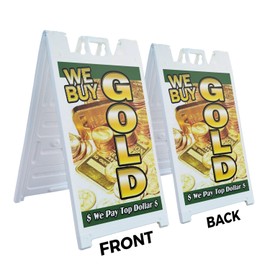 A-Frame Sidewalk We Buy Gold 1 Vertical 24" x 36" Double Sided A-Frame Sidewalk Sign, Includes 2 Installed Vinyl Decals | Foldable Portable White Signicade Sandwich Board Signs