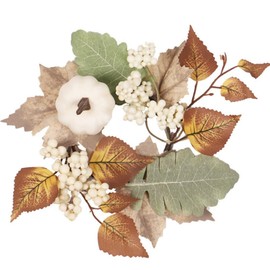 2 Pcs Pumpkins Candle Rings Wreaths Fall Candle Rings Thanksgiving Day Ring Holder with Maple Leaves Wreath Mini Autumn Artificial for Wedding,Door Tabletop Decoration (White-2pcs)