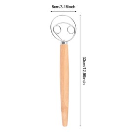 Danish Whisk, 13 Inch Danish Dough Whisk, Stainless Steel Double Holes Bread Mixer with Wooden Handle, Bread Dough, Whisk, Bread, Baking Accessories for Pastries, Desserts, Pizza Dough