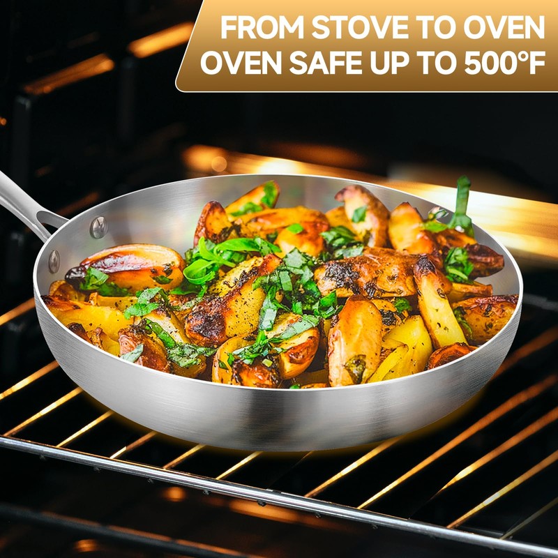 Inqibee 8.5-10-12 Inch Tri-Ply Stainless Steel Frying Pan Set with