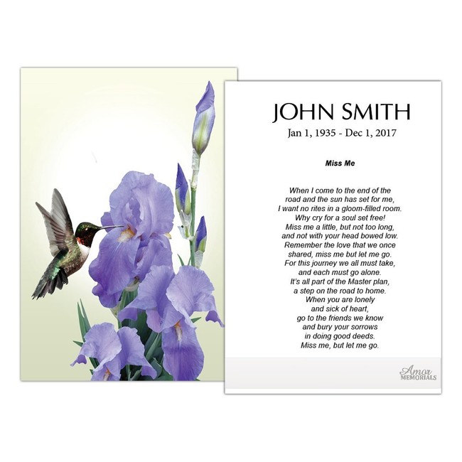 Funeral Memorial Prayer Cards (50 Cards) FPC1188EN Hummingbird and Iris Flower (Custom Printed - Select Desired Prayer)