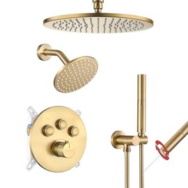 VANFOXLE Thermostatic Shower Faucet Set Brushed Gold Shower System,Push Button Diverter Shower Faucet with 2 in 1 Handheld, Ceiling Mount 12 Inch Shower Head Increased Thick with 6 Inch Shower Head