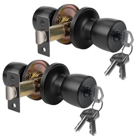 JO.KO Door Knob with Lock and Key, Round Ball Lock Interior/Exterior Door Knob for Bedroom Or Bathroom/Entry Door Handle (Matte Black 2Pack)