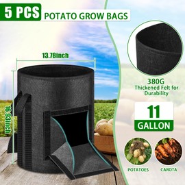 MJZ 5 Pack 11 Gallon Potato Grow Bags with Harvest Observation Windows, 380G Thickened Potato Bags for Growing Potatoes, Heavy Duty Nonwoven Fabric Garden Growing Containers to Grow Vegetable Tomatoes