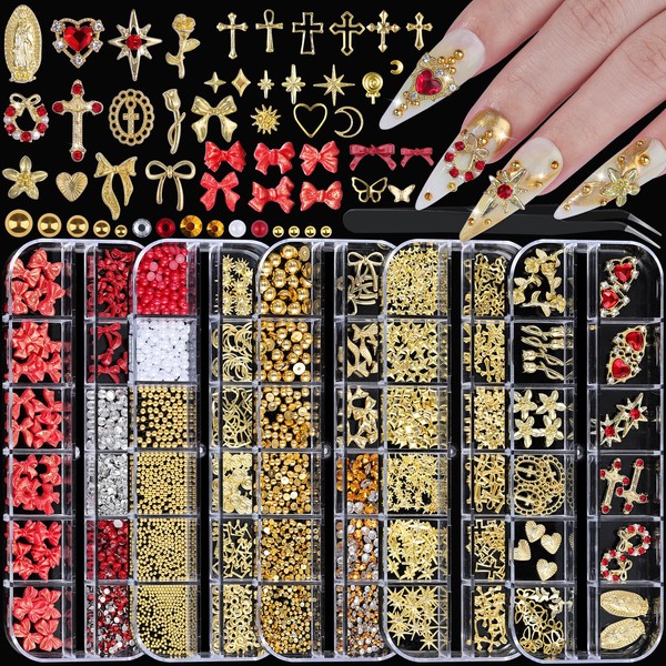 5 Boxes Gold Nail Charms and Gems Kit, 3D Flower