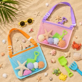 Shell Bags for Beach, Seashell Collecting Bag with Adjustable Shoulder Straps and Zippers, 2 Pcs Mesh Beach Bags for Shells, Swimming Accessories for Boys and Girls