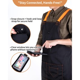Adjustable Work Tool Apron with Secure Multi Phone Pocket - Design for Cooking, BBQ, Gardening, Carpentry, Bartending, Serving (Black)